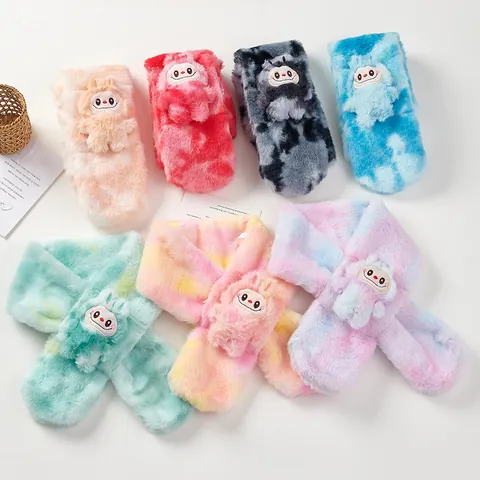 Children's Faux Rabbit Fur Scarf Cute Cartoon Bear Rabbit Plush Tie-Dye Warm Winter Cross Scarf For Kids Toddlers