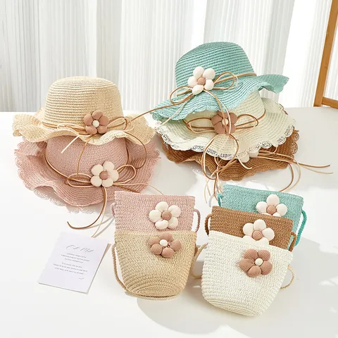 Summer Kids Girls Straw Sun Hat And Matching Crossbody Bag Set Flower Bow Wavy Brim Beach Outdoor UV Protection Hats