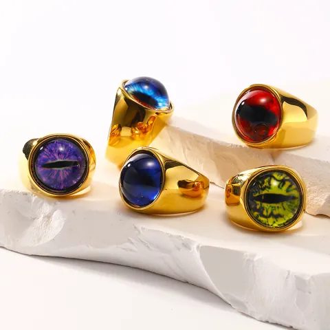 Mode Bague Mauvais Œil en Acier Titane pour Femme Plaqué Or 18K Vintage Punk Bande Large Bijoux de Pupille Mystérieuse Cadeau