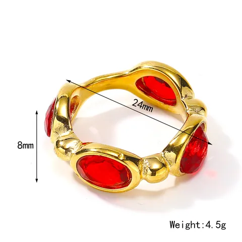 Bague Ondulée en Acier Inoxydable Style Cour Rétro Avec Zircone Ovale Colorée Incrustée Or Luxe Bijoux Femme Cadeau