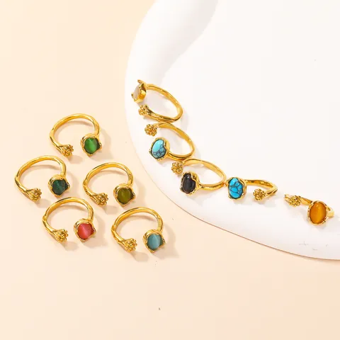 Anillo Abierto Vintage de Acero de Titanio Chapado en Oro con Piedra Ojo de Gato Mujer Ajustable Joyería de Estilo Bohemio