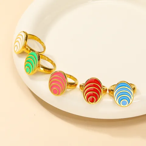 18K Vergoldeter Edelstahl Ovaler Ring Für Damen Bunte Emaille Konzentrische Kreise Textur Zeigefinger Ring Schmuck
