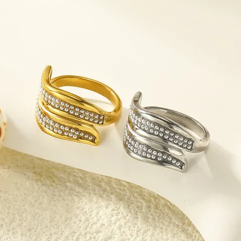 Irregular Multi Layer Winding Ring For Women Titanium Steel 18K Gold Plated Faux Artificial Pearl Zirconia Fashion Jewelry Finger Ring
