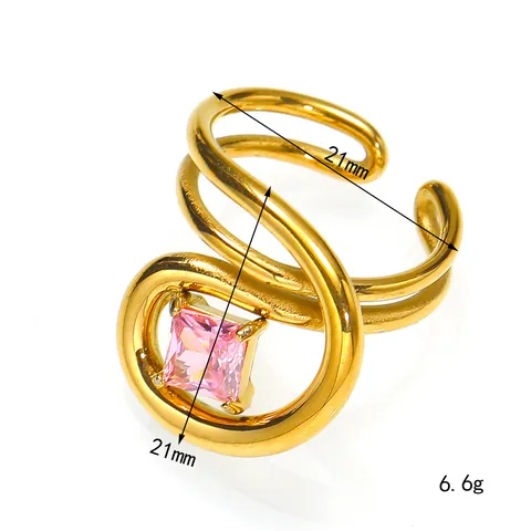 Mode Luxus Quadratischer Zirkon Unregelmäßig Gebogener Offener Ring Titanstahl 18K Vergoldet Damen Schmuck Verstellbarer Ring