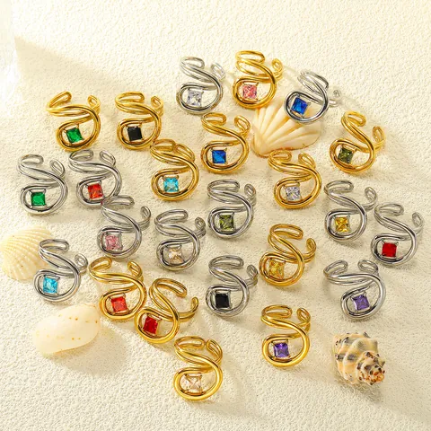 Mode Luxus Quadratischer Zirkon Unregelmäßig Gebogener Offener Ring Titanstahl 18K Vergoldet Damen Schmuck Verstellbarer Ring