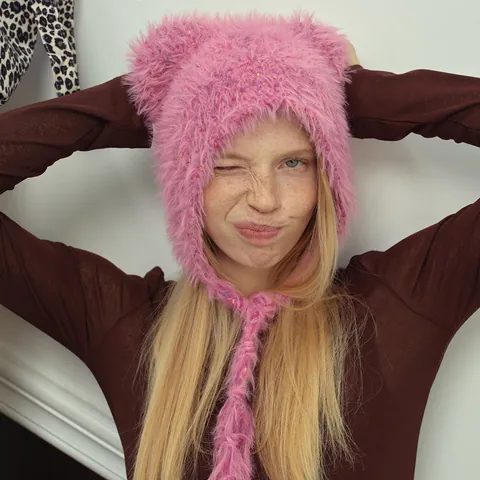 Cappello Invernale Donna In Maglia Con Orecchie D'orso Punti Colorati Lacci Balaclava In Pelliccia Sintetica Morbido Peluche