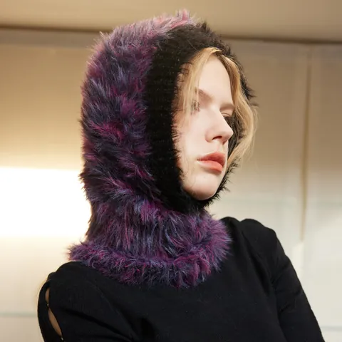 Unisex Faux Fur Balaclava Hat Winter Warm Knitted Hooded Scarf Space-Dyed Windproof Pullover Neck Warmer Y2K Streetwear