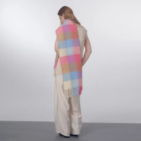 Γυναικείο Gradient Καρό Κασκόλ Ζεστό Μείγμα Μαλλιού Χειμερινό Περιτύλιγμα Με Φούντες Μαλακή Πασμίνα Για Κρύο Καιρό
