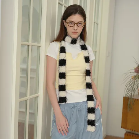 Women's Y2K Millennial Style Fuzzy Plush Long Narrow Striped Scarf Winter Warm Soft Knitted Acrylic Neck Warmer Skinny Scarf Accessories