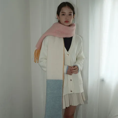 Women 40% Wool Blend Plaid Scarf Color Block Thickened Tassel Long Scarf Marshmallow Soft Warm Winter Neck Warmer Wrap