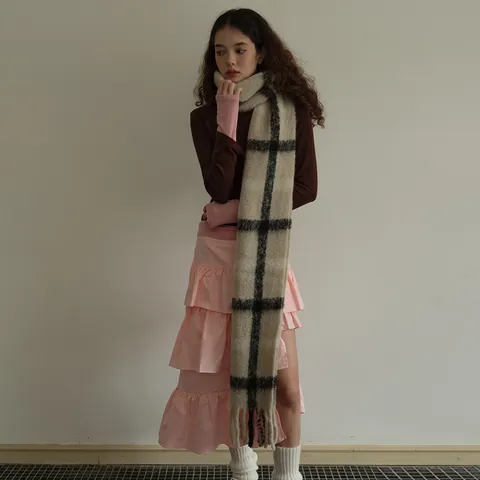 Sciarpa Invernale da Donna Calda in Misto Lana a Quadri Grandi Retro con Frange Collo Lungo Morbida Beige