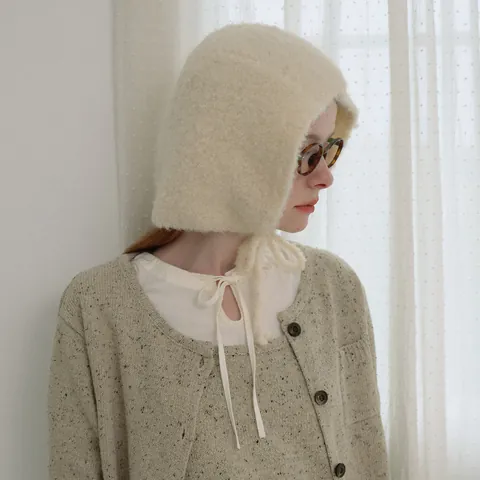 French Retro Wool Blend Knitted Bonnet Hat For Women Winter Warm Soft Texture Solid Color Lace Up Beanies