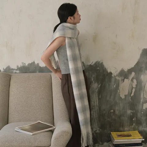 Damen Winter Klassisch Karierter Schal Alpaka-Wollmischung Oversize Karierte Quaste Schal Wrap Dick Warm Lang Mode Muffler