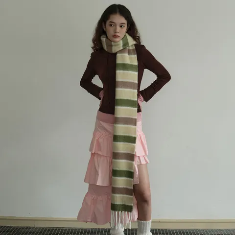Damen Wollmischung Gestreifter Schal Quasten Langer Strick Winterschal Warm Weich Wickelschal Bunter Kontrast Mode Schal Accessoire