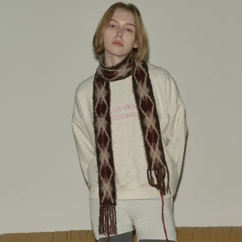 Sciarpa Stretta a Maglia Rombi Vintage Donna Inverno Caldo Spazzolato Scaldacollo Con Nappine Avvolgente Decorativo