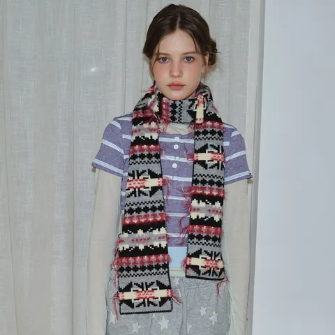 Sciarpa in Maglia Fair Isle Retrò da Donna Motivo Geometrico Vintage Invernale Calda Sciarpa Spessa Con Nappe Rosse Regalo di Natale