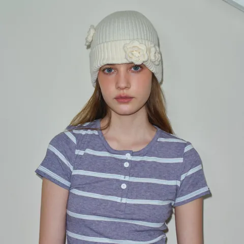 Handmade Crochet Flower Wool Beanie Hat Women Winter Warm Knitted Cap Korean Sweet Solid Ribbed Texture Brimless Skull Hat
