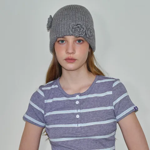 Handmade Crochet Flower Wool Beanie Hat Women Winter Warm Knitted Cap Korean Sweet Solid Ribbed Texture Brimless Skull Hat