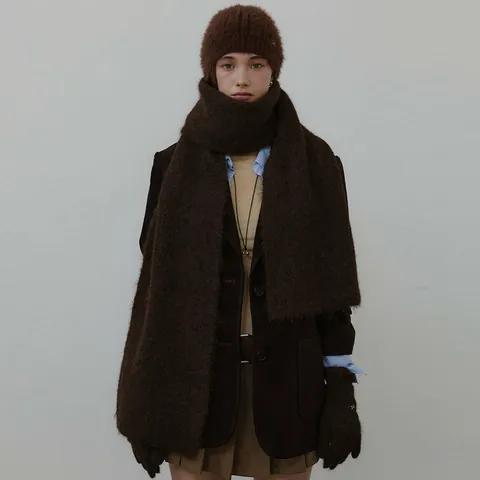 Korean Designer Style Wool Blend Knitted Scarf For Women Winter Thickened Warm Solid Color Long Neck Wrap Fashion Accessory