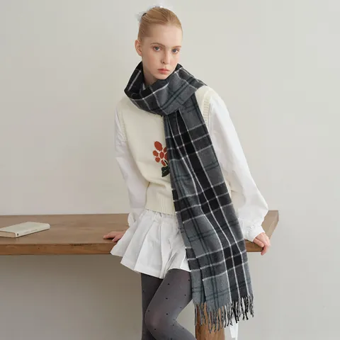 Classic Grey Plaid Scarf For Women Men Winter Warm Wool Blend Fringe Tassel Long Checkered Shawl Scarf Accessory