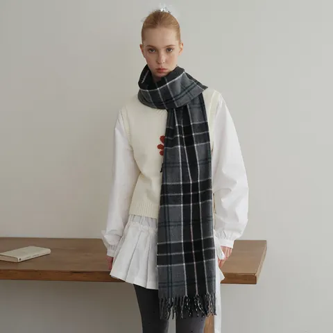 Classic Grey Plaid Scarf For Women Men Winter Warm Wool Blend Fringe Tassel Long Checkered Shawl Scarf Accessory