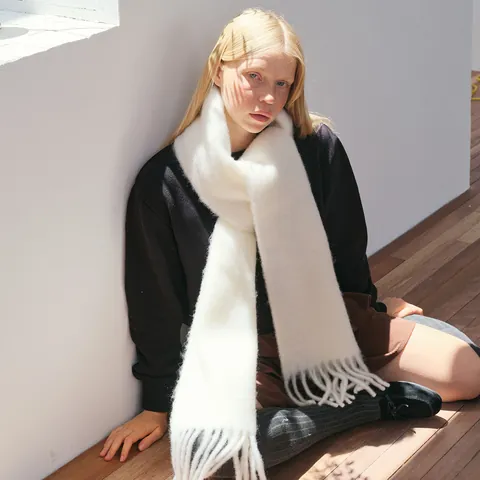 Damen Alpakawolle Mischung Schal Winter Weich Warm Lang Quasten Schal Koreanisch Minimalistisch Einfarbig Dick Halstuch