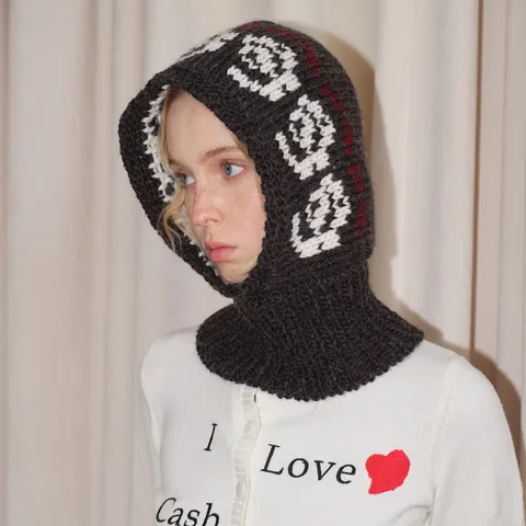 Women Vintage Wool Blend Knit Balaclava Hooded Neck Warmer With Rose Floral Jacquard Winter Warm Windproof Fashion Headwear