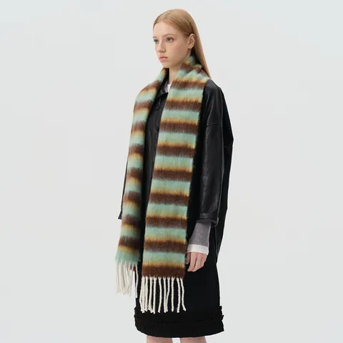 Women Winter Wool Blend Striped Scarf With Tassels Long Warm Rainbow Shawl For Cold Weather Fashion Accessory
