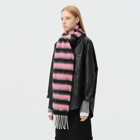 Women Winter Wool Blend Striped Scarf With Tassels Long Warm Rainbow Shawl For Cold Weather Fashion Accessory