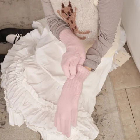 Women Winter Knitted Gloves Raccoon Wool Blend Long Ribbed Cuff Warm Touch Screen Solid Color Soft Fashion Hand Warmers