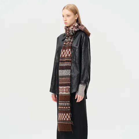 Bufanda de Punto Mezcla de Lana Vintage Fair Isle Bufanda Larga Cálida de Invierno Jacquard Copo de Nieve Flecos Mujer