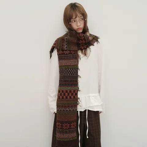 Bufanda de Punto Mezcla de Lana Vintage Fair Isle Bufanda Larga Cálida de Invierno Jacquard Copo de Nieve Flecos Mujer