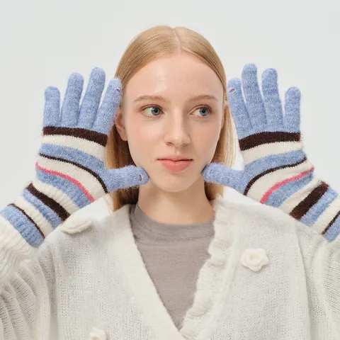 Damen Japanische Vintage Gestreifte Wollmischung Strickhandschuhe Volle Finger Regenbogen Thermo Jacquard Warme Outdoor Fäustlinge