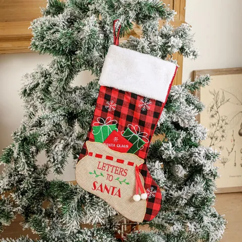 Chaussette de Noël Carreau Buffalo Broderie Letters To Santa Bordure Fausse Fourrure Grand Sac Cadeau Décoration Arbre Noël