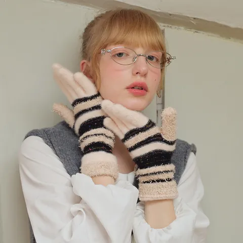 Y2K Vintage Gestreifte Wollmischung Strickhandschuhe Für Damen Winter Warme Plüsch Patchwork Vollfinger Handschuhe Mode Accessoires