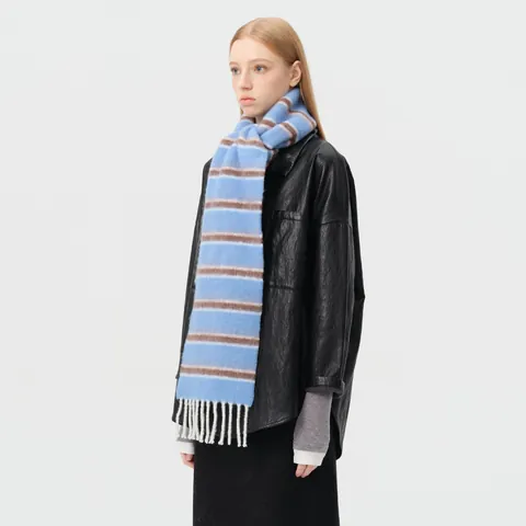 Winter Striped Wool Blend Scarf For Women Thick Warm Color Block Tassel Long Knit Shawl Soft Chic Elegant Neck Warmer Accessory