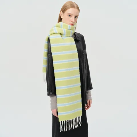 Winter Striped Wool Blend Scarf For Women Thick Warm Color Block Tassel Long Knit Shawl Soft Chic Elegant Neck Warmer Accessory