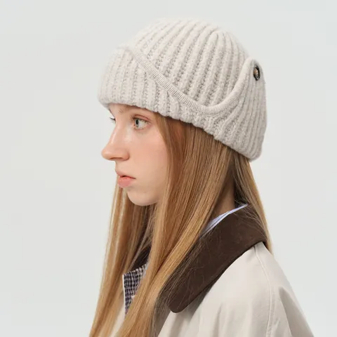 Women Winter Wool Blend Knitted Beanie Warm Ribbed Pilot Hat With Button Decor Solid Color Ear Protection Earflap Hat