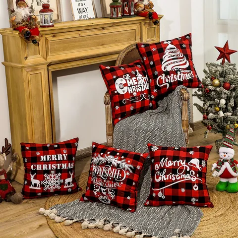 Fundas de Almohada de Navidad de Cuadros Buffalo Rojo Negro Fundas de Cojín Cuadradas Decorativas Estampado de Alce y Copo de Nieve para Sofá Hogar
