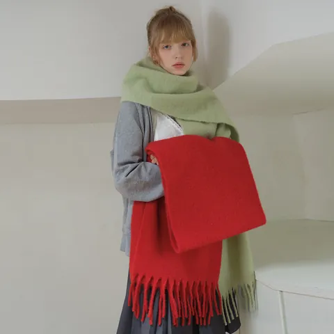 Bufanda Larga Con Flecos de Mezcla de Lana Estilo Coreano Para Mujer Color Sólido Cálida Invierno Chal Envoltura Accesorio Exterior