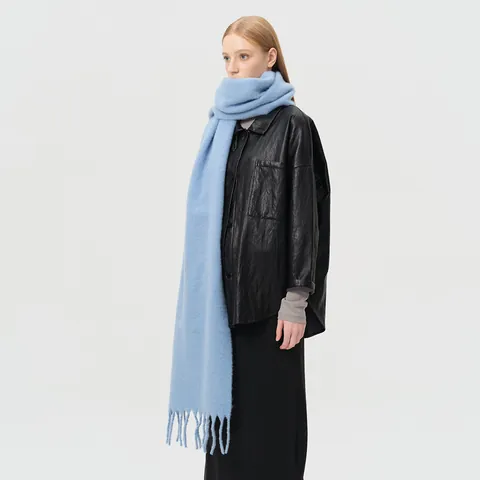 Bufanda Larga Con Flecos de Mezcla de Lana Estilo Coreano Para Mujer Color Sólido Cálida Invierno Chal Envoltura Accesorio Exterior