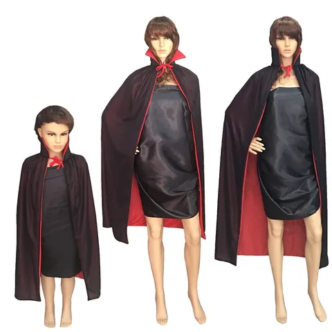 Mantello da Vampiro di Halloween Reversibile Nero Rosso con Collo Alto per Costume da Morte Demone per Adulti Bambini