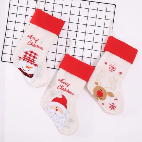Calze di Natale in Iuta Ricamate Babbo Natale Pupazzo di Neve Renna Sacchetti Regalo Decorazioni Natalizie da Appendere per la Casa