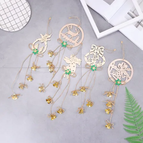 Ornement Suspendu de Noël en Bois Renne Bonhomme de Neige Ange Cloche Avec Clochettes en Métal Pour Décoration de Maison