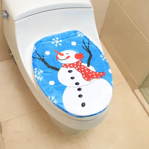 Funda para Tapa de Inodoro de Muñeco de Nieve de Navidad Felpa de Poliéster Suave Lavable Decoración de Baño Azul