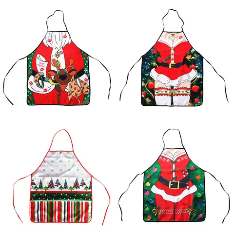 Divertido Delantal Decorativo De Navidad Para Adultos 100% Poliéster Patrón De Papá Noel Y Reno Delantal De Cocina Para Fiesta