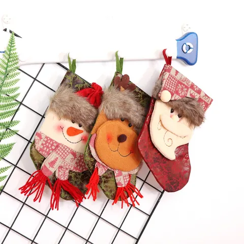 Mini Calcetín de Navidad Decorativo Tela Felpa Papá Noel Muñeco de Nieve Reno Bolsa de Regalos Para Árbol de Navidad Fiesta