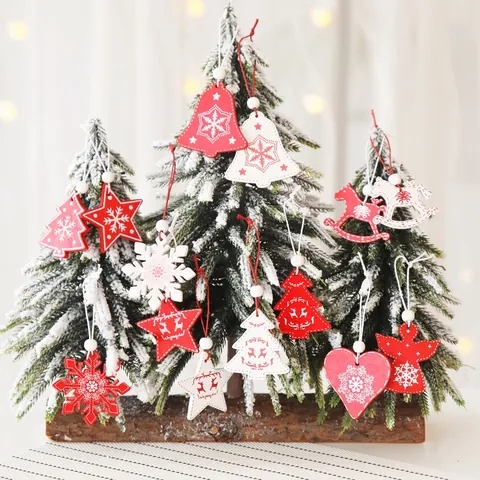 Houten Kersthangers Sneeuwvlok Ster Rendier Bel Boom Geschilderd Rood Wit Kerstboom Decoraties