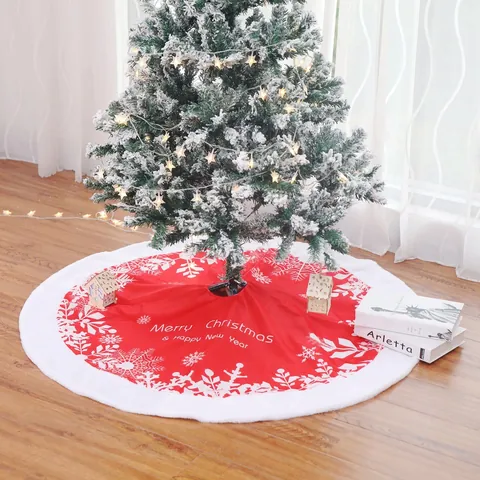 Gonna Grande per Albero di Natale in Peluche Rosso Base in TNT Bordo Bianco Stampa Fiocco di Neve Decorazione Casa