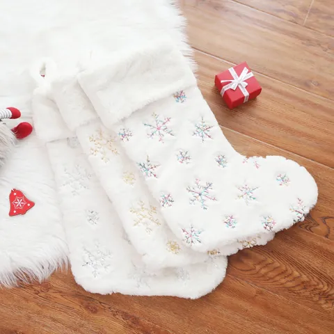 Christmas Stocking Faux Rabbit Fur White Plush Christmas Socks With Gold Silver Rainbow Sequin Snowflake Embroidery For Xmas Party Decor
